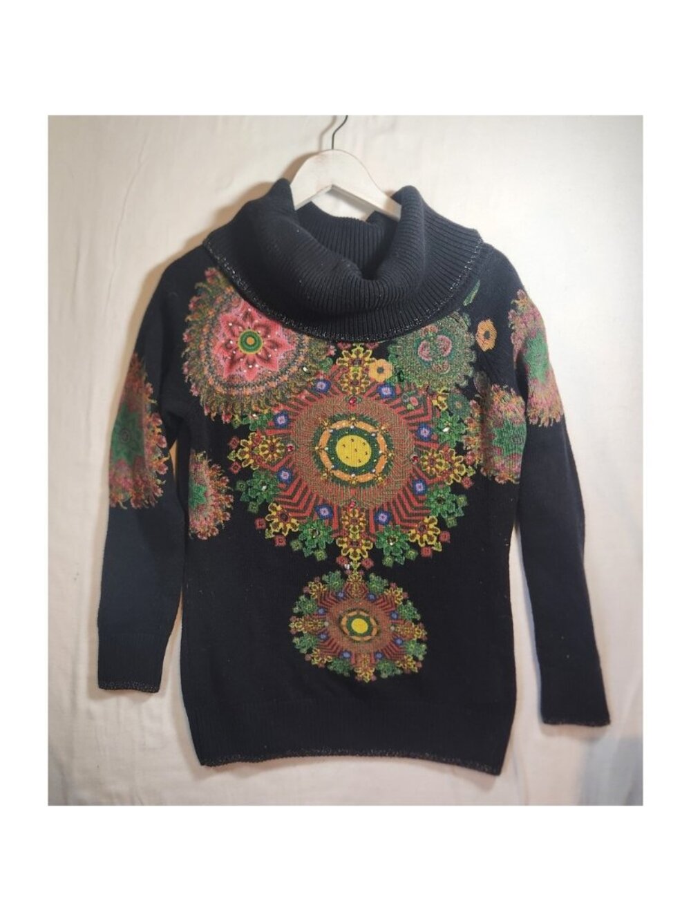 Desigual Black Cowl Neck Mandala Graphic Beaded Knit Sweater XL